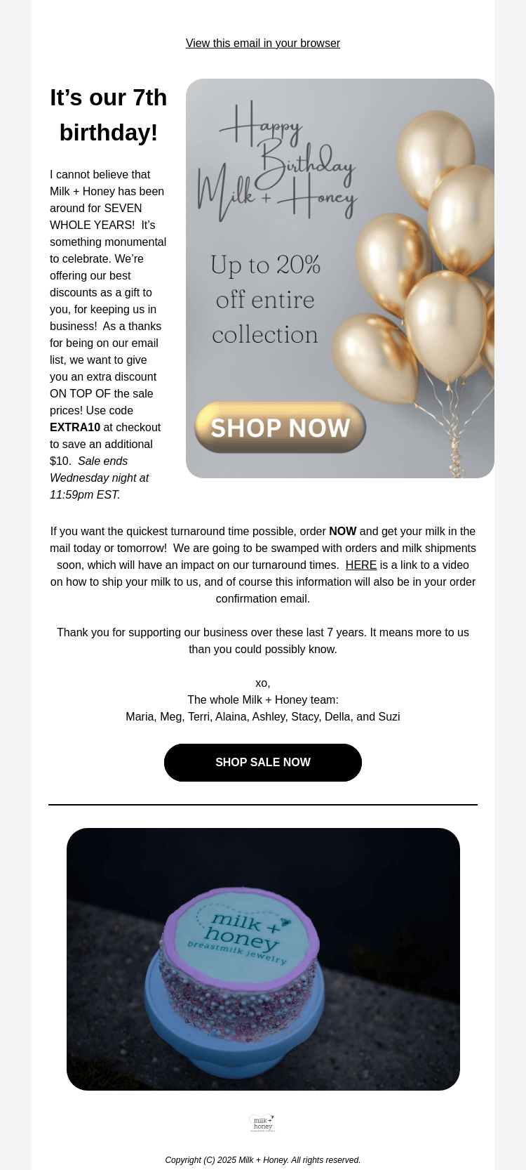 Письмо компании «Milk + Honey Jewelry» на тему «ENTIRE COLLECTION ON SALE 😃»