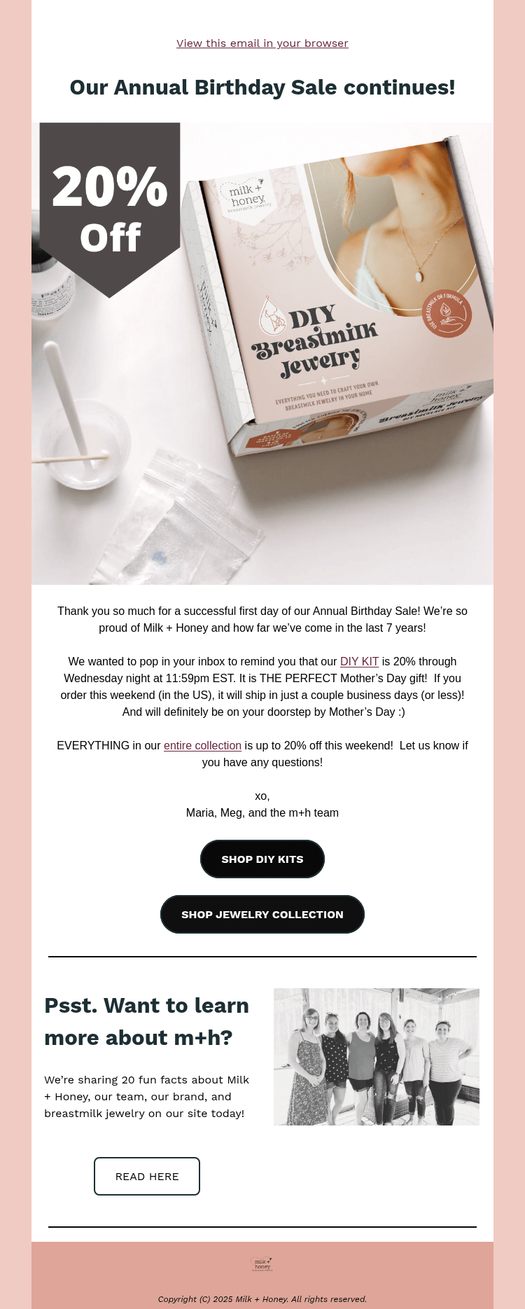 Письмо компании «Milk + Honey Jewelry» на тему «DIY KITS: 20% OFF 🤩»