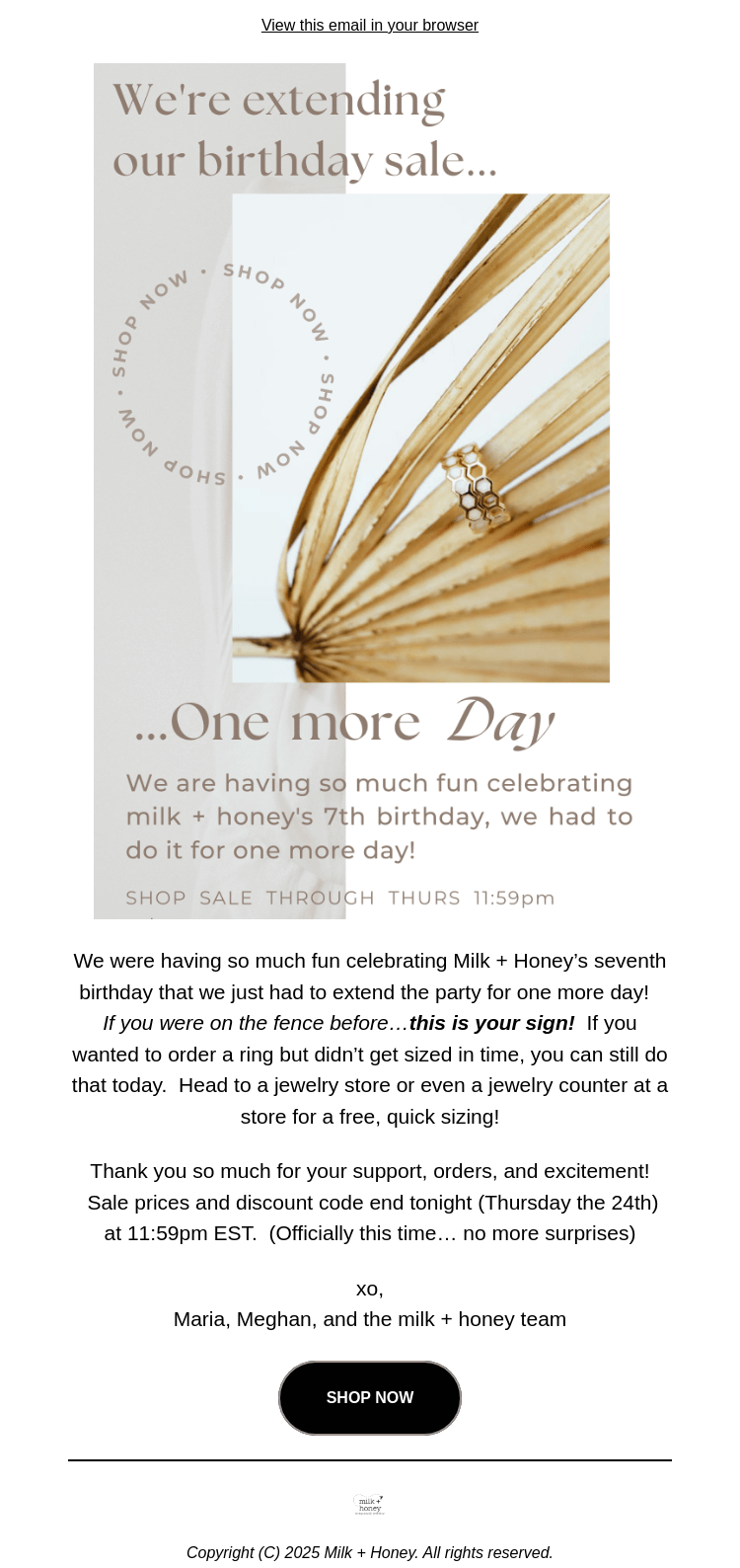 Письмо компании «Milk + Honey Jewelry» на тему «Surprise! Everything on sale for one more day!»