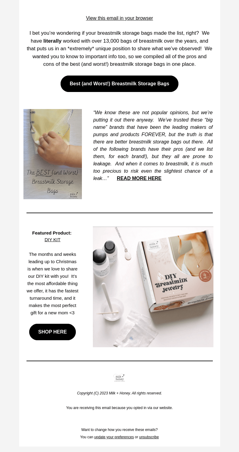 Письмо компании «Milk + Honey Jewelry» на тему «Uplevel your breastmilk storage bags!»
