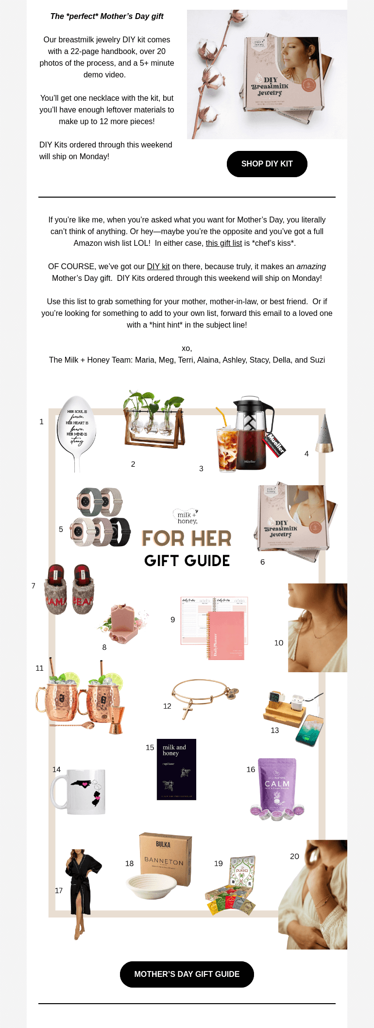 Письмо компании «Milk + Honey Jewelry» на тему «Mom will love this  💮»