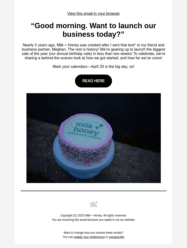 Письмо компании «Milk + Honey Jewelry» на тему «Less than two weeks left! HAPPY BIRTHDAY»