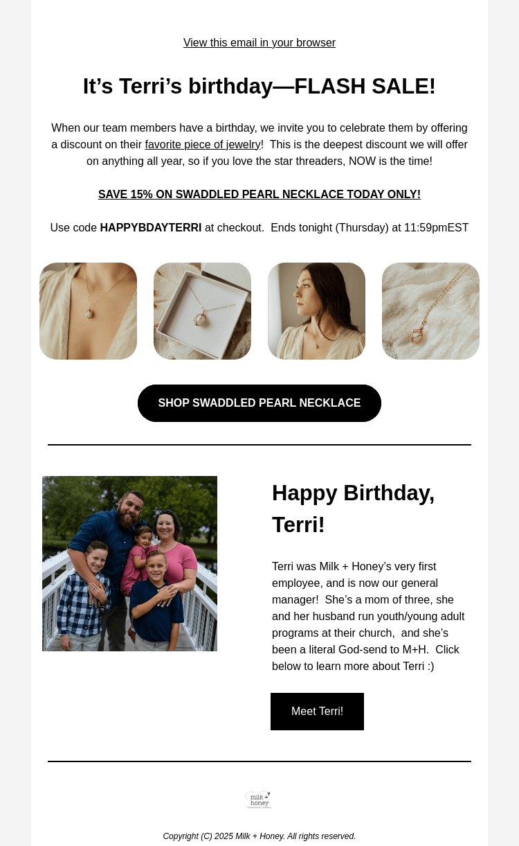 Письмо компании «Milk + Honey Jewelry» на тему «FLASH SALE 👀»
