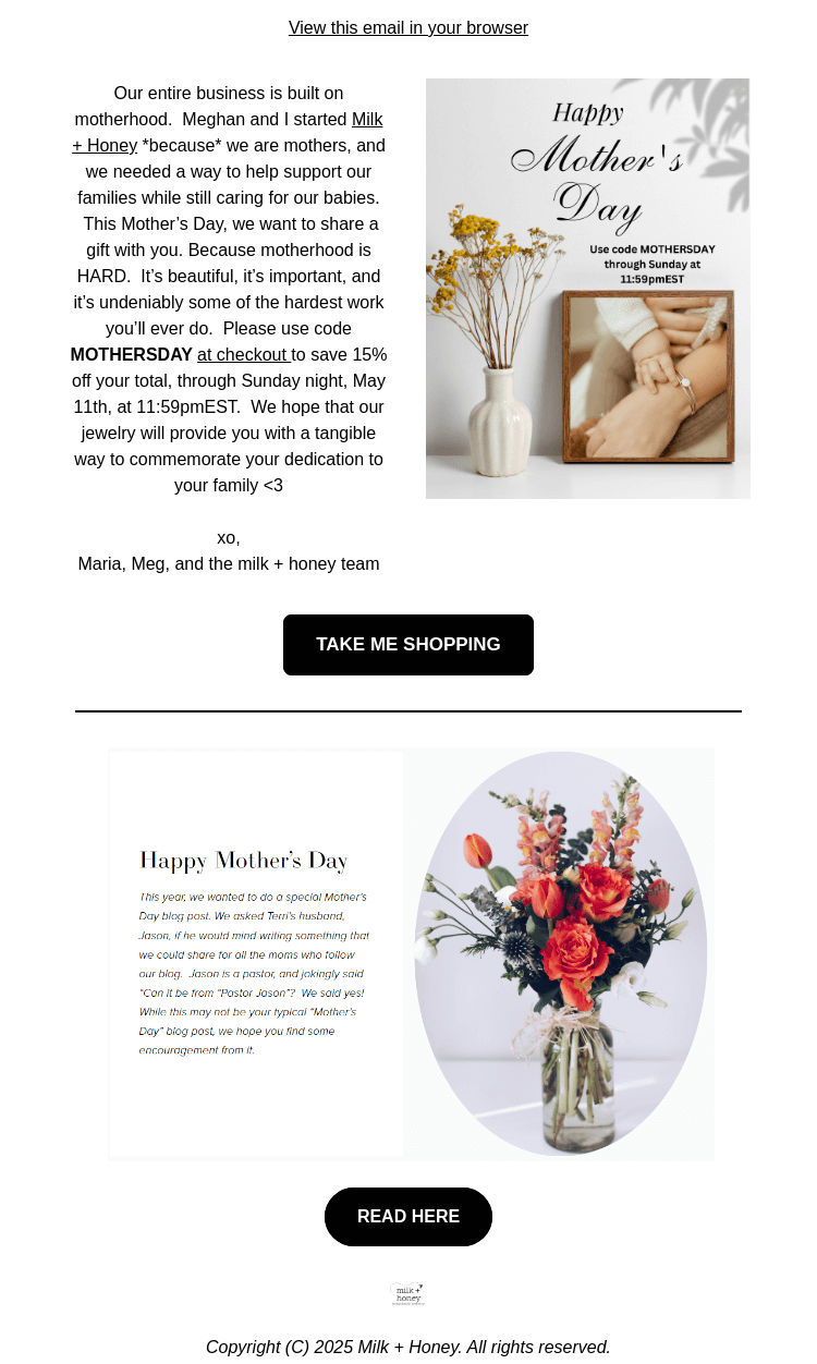 Письмо компании «Milk + Honey Jewelry» на тему «15% OFF for Mother's Day💮»