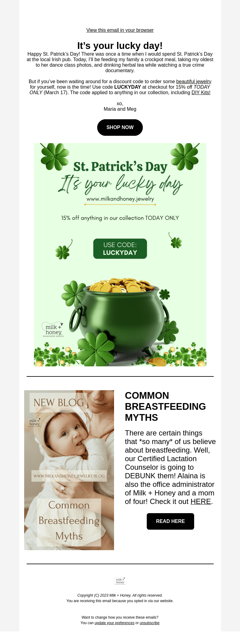 Письмо компании «Milk + Honey Jewelry» на тему «It's your lucky day...»
