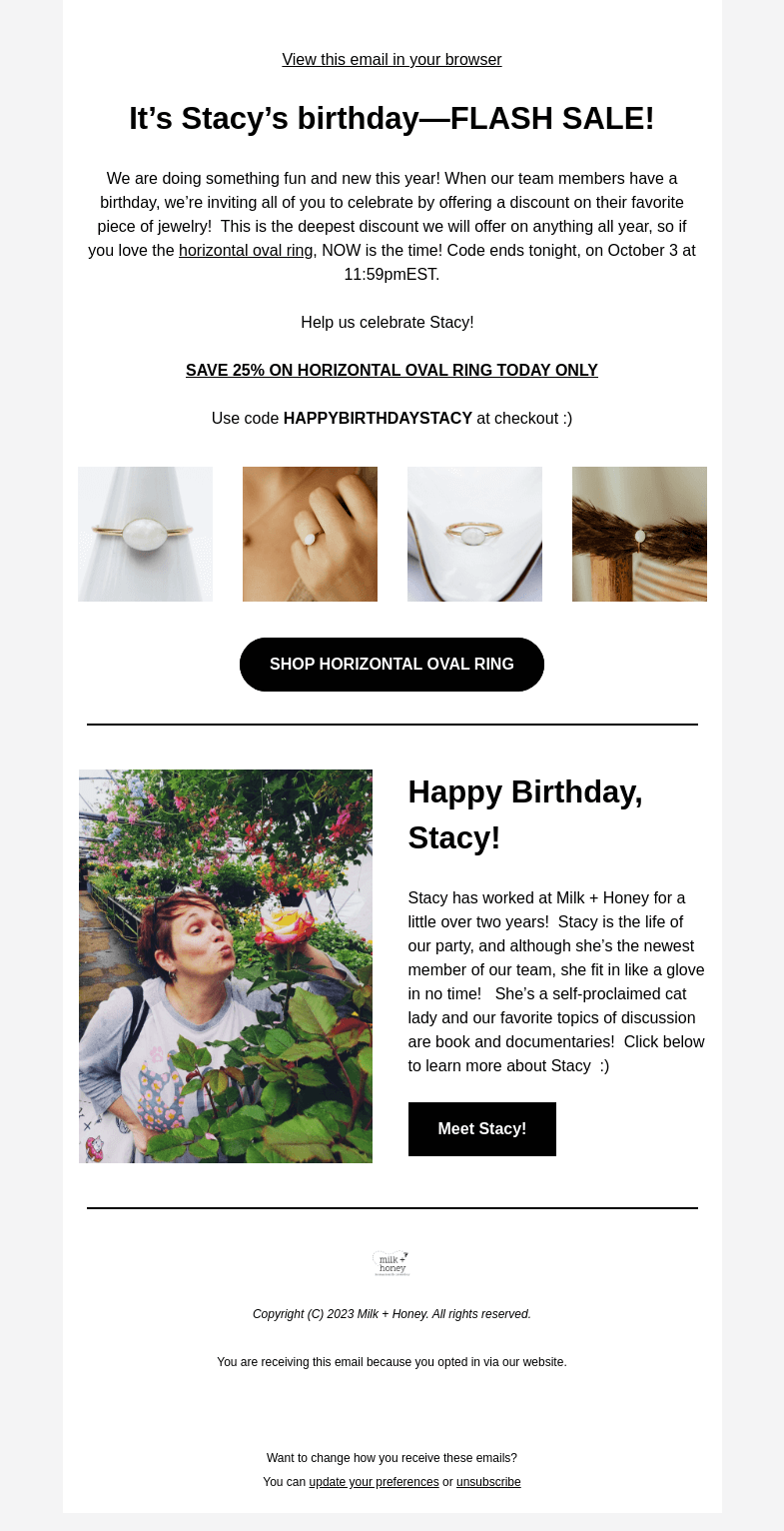 Письмо компании «Milk + Honey Jewelry» на тему «FLASH SALE 👀»