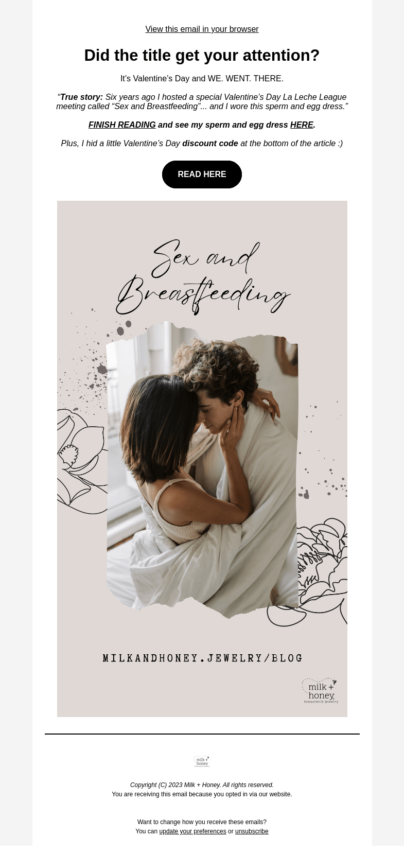 Письмо компании «Milk + Honey Jewelry» на тему «Sex and Breastfeeding... YUP WE'RE GOING THERE»
