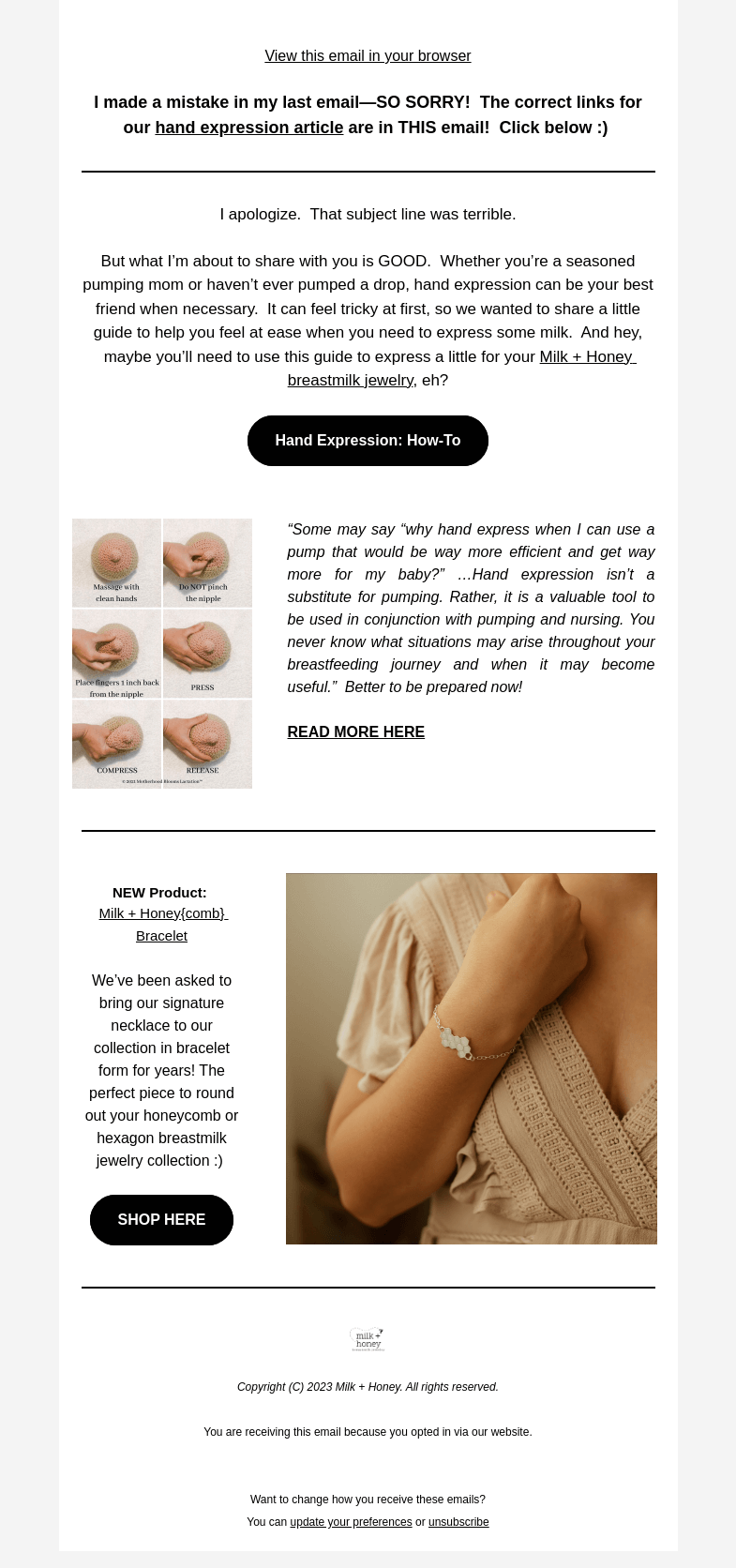 Письмо компании «Milk + Honey Jewelry» на тему «OOPS!  correct links here: (Hand) Express Yourself»