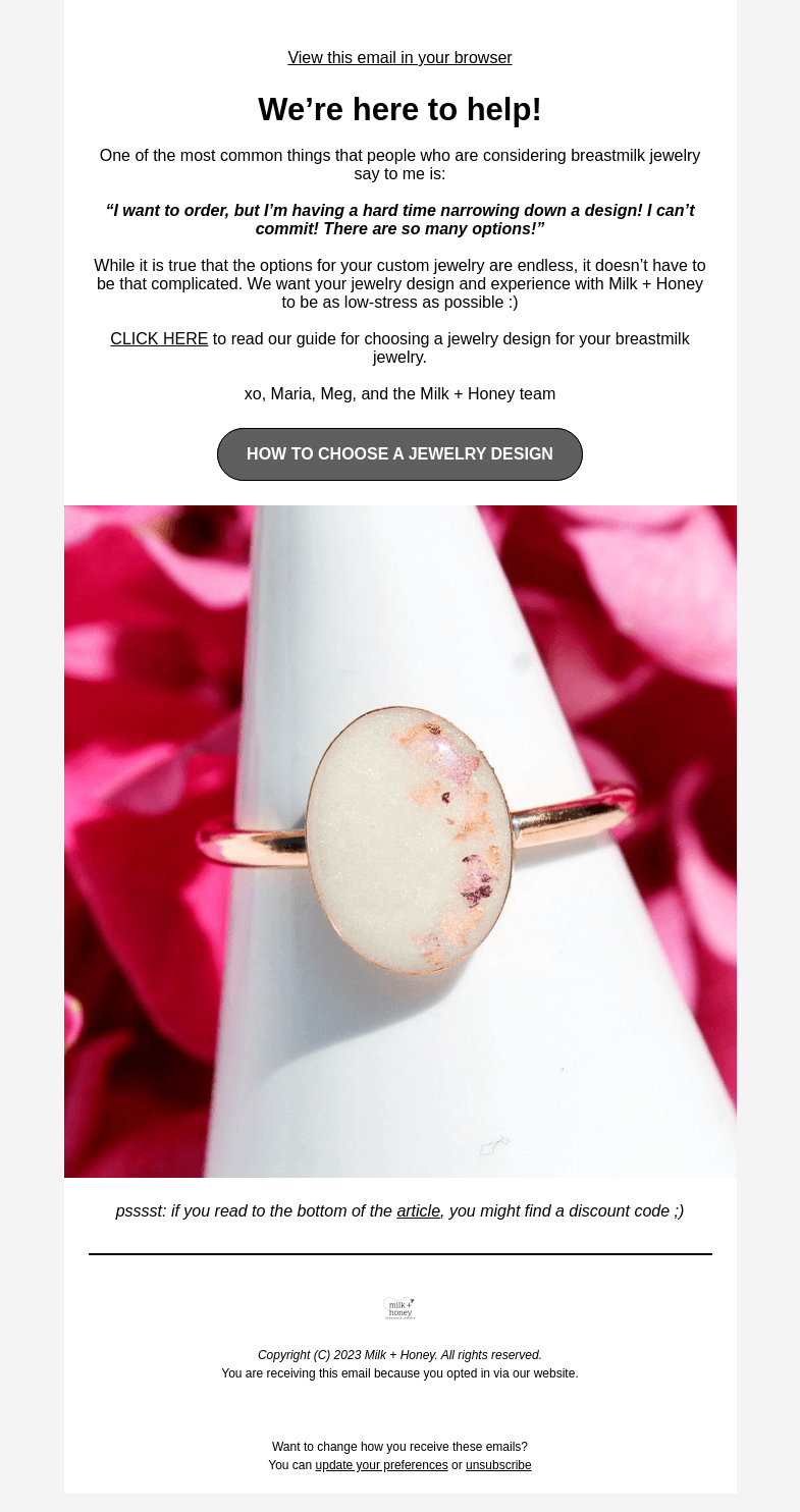 Письмо компании «Milk + Honey Jewelry» на тему «How to choose your breastmilk jewelry design...»