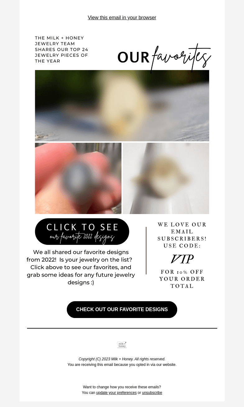 Письмо компании «Milk + Honey Jewelry» на тему «Our favorite jewelry designs from 2022»