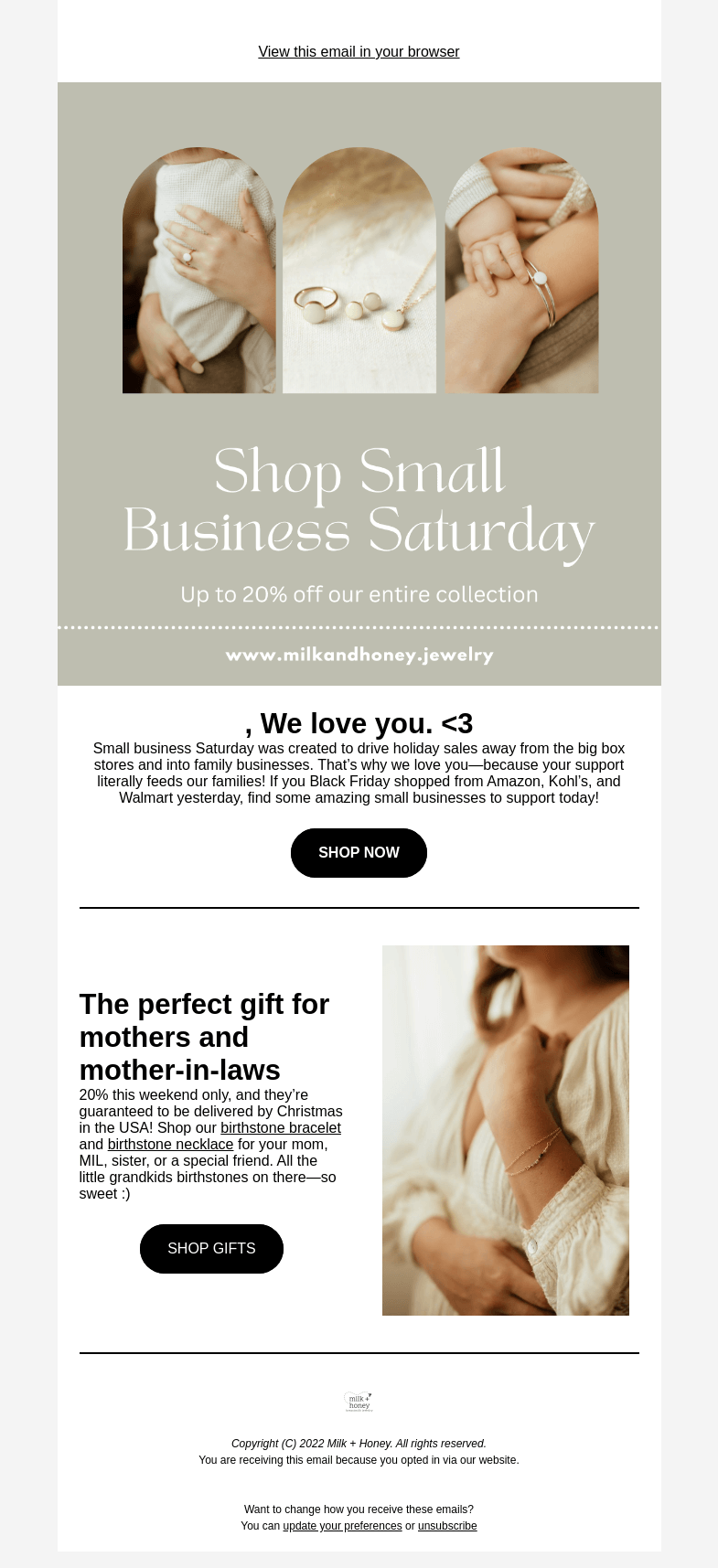 Письмо компании «Milk + Honey Jewelry» на тему «Small Business Saturday - 20%»