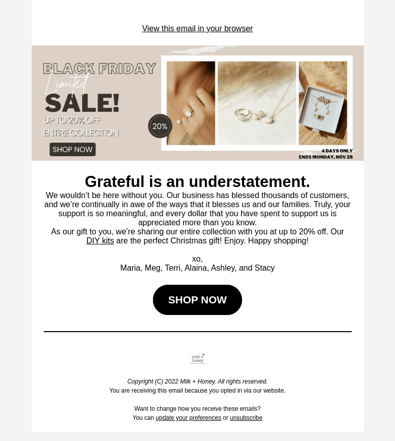 Письмо компании «Milk + Honey Jewelry» на тему «HAPPENING NOW! Our gift to you...»