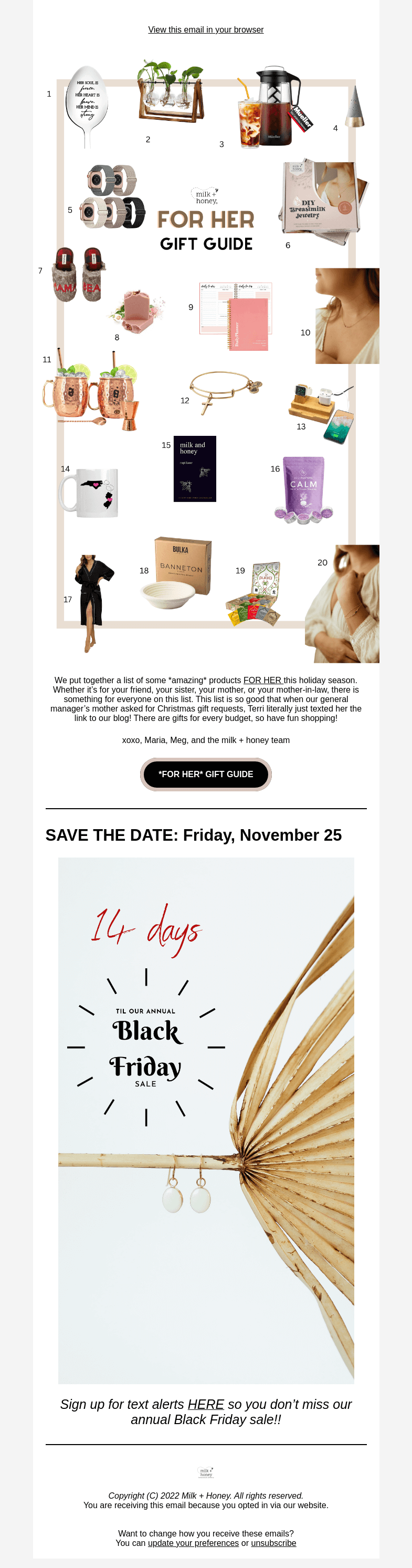 Письмо компании «Milk + Honey Jewelry» на тему «FOR HER Gift Guide»