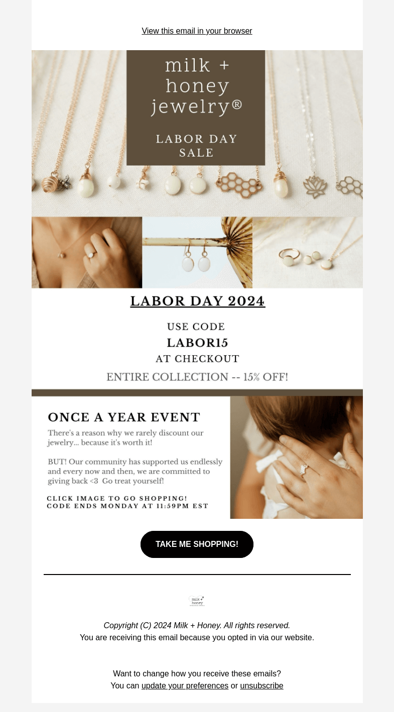 Письмо компании «Milk + Honey Jewelry» на тему «Last chance to save 🤩»