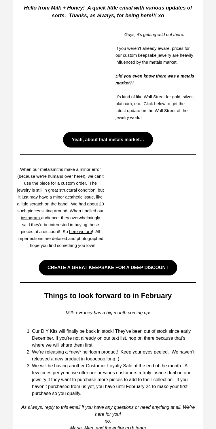 Письмо компании «Milk + Honey Jewelry» на тему «Big Updates + Something we've been working on...»