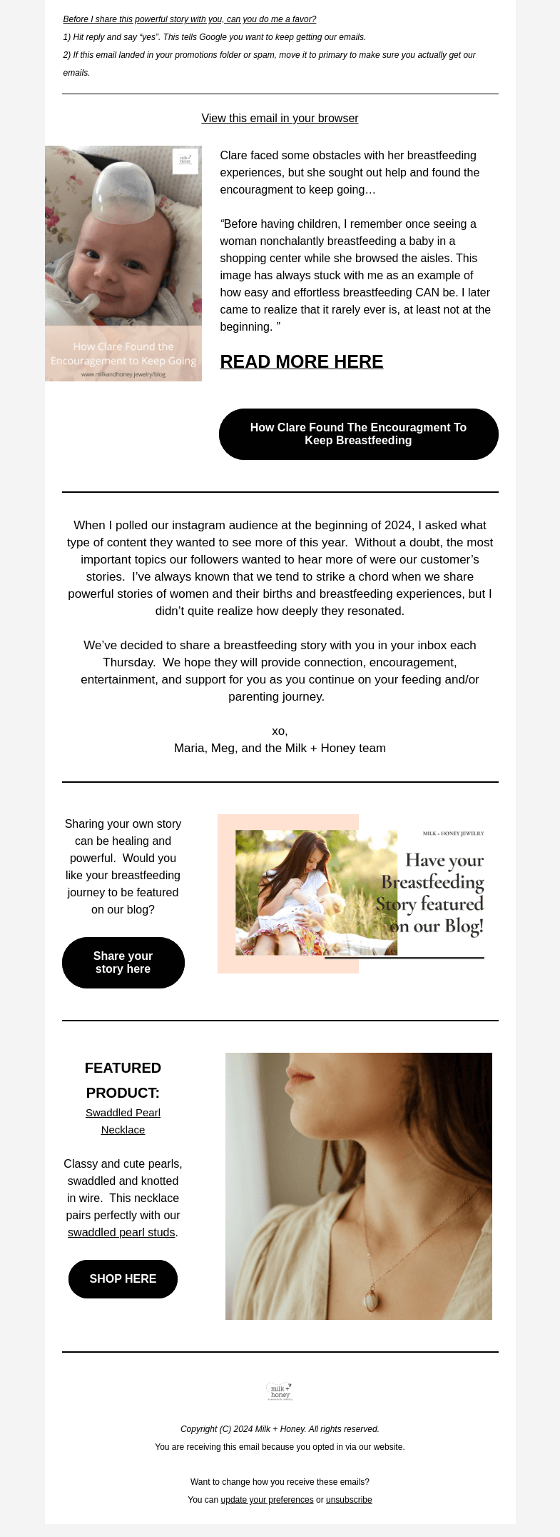 Письмо компании «Milk + Honey Jewelry» на тему «When breastfeeding isn't effortless..»