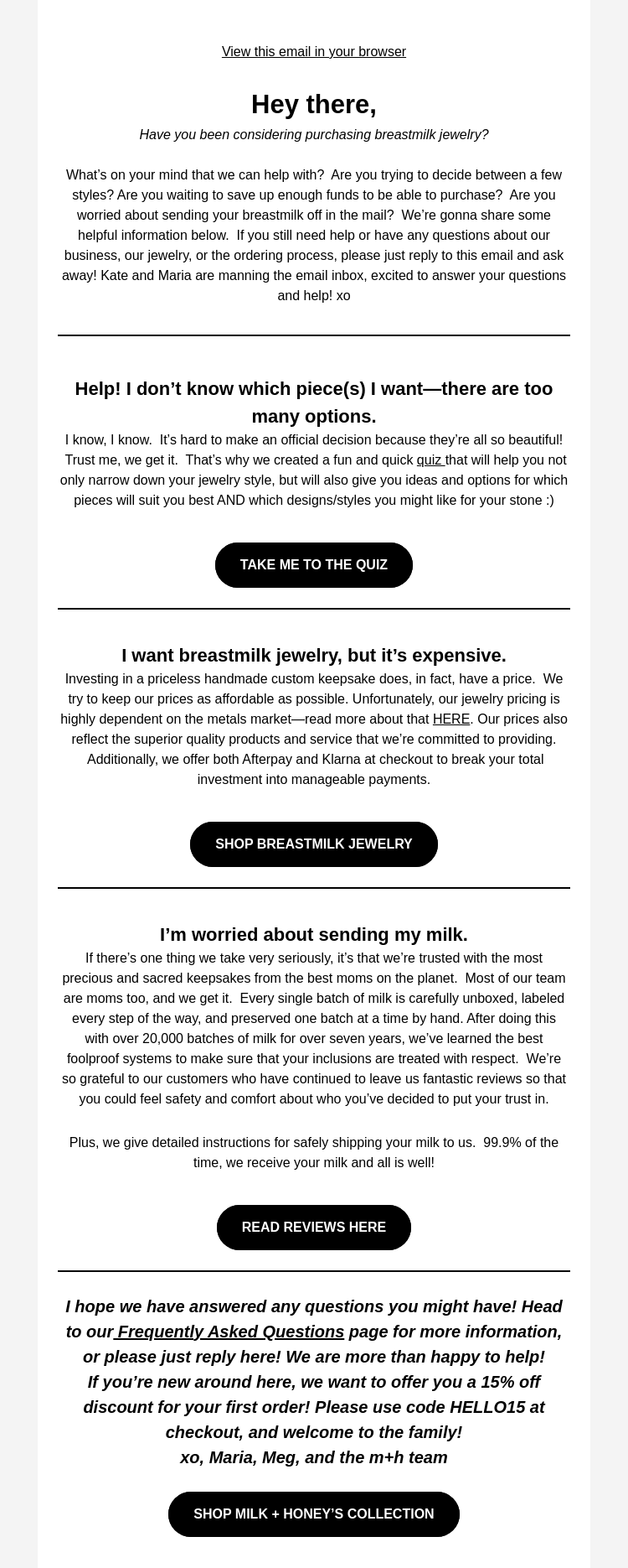 Письмо компании «Milk + Honey Jewelry» на тему «Been thinking about breastmilk jewelry? Let's make it easy.»