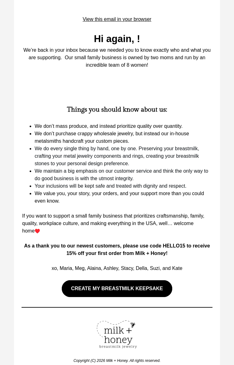 Письмо компании «Milk + Honey Jewelry» на тему «Not just another jewelry company...»