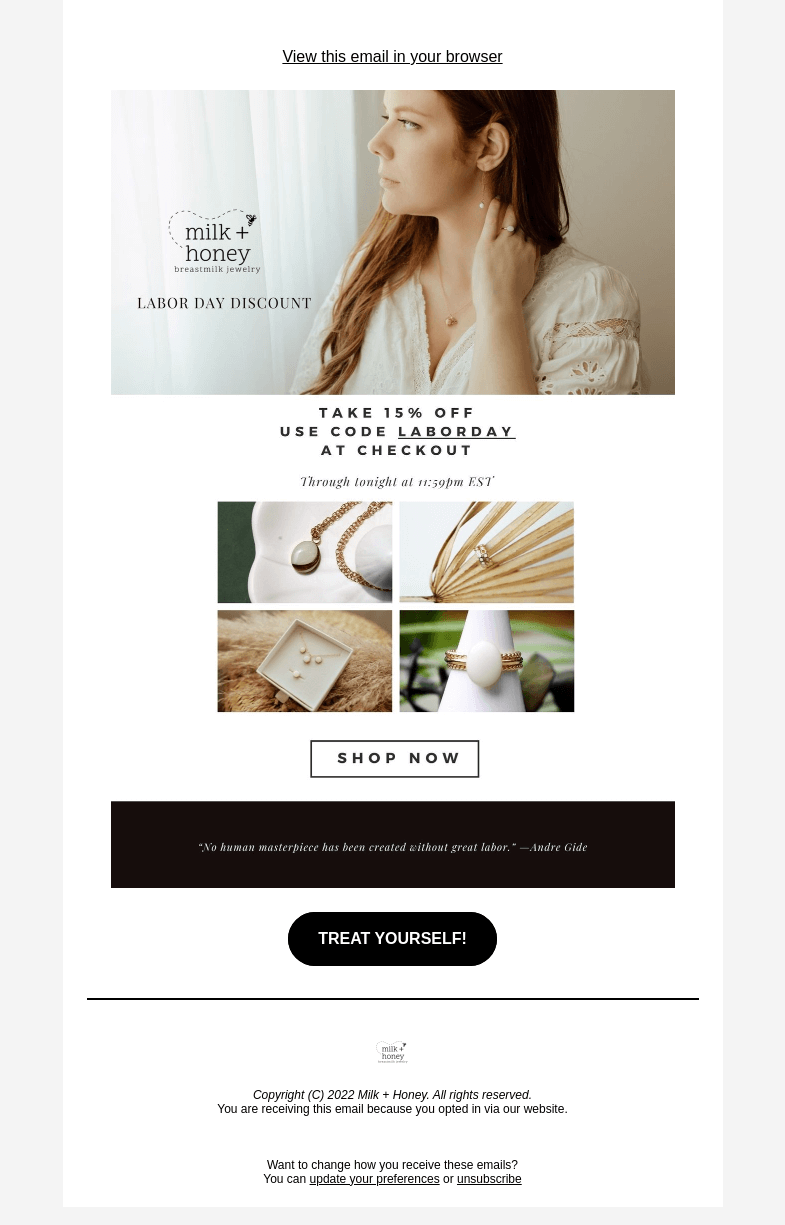 Письмо компании «Milk + Honey Jewelry» на тему «10 hours left to get 15% off»