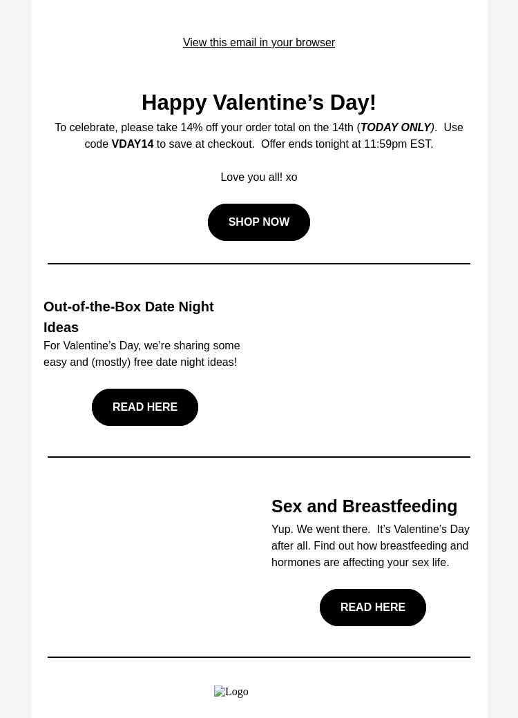 Письмо компании «Milk + Honey Jewelry» на тему «TODAY ONLY: SAVE $ for Valentine's Day 💗»