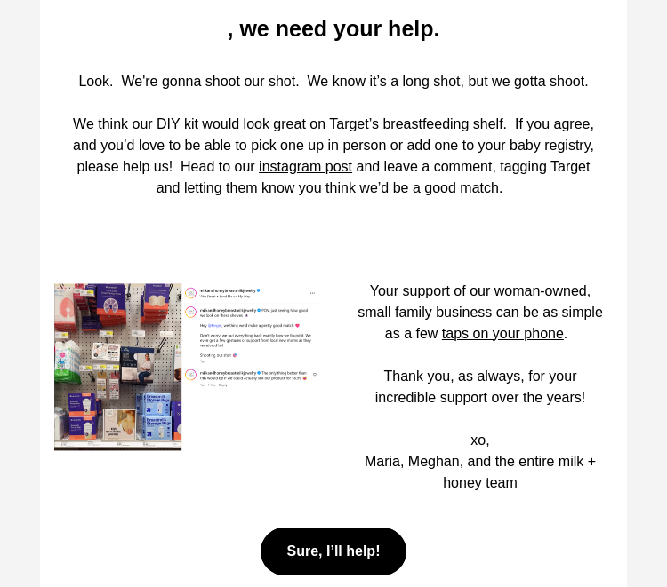 Письмо компании «Milk + Honey Jewelry» на тему «We need your help! 🙏»