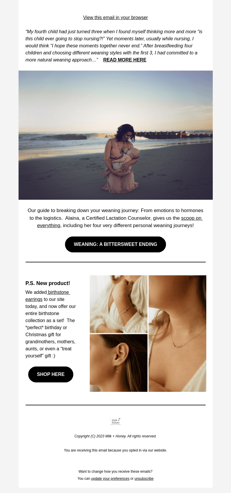 Письмо компании «Milk + Honey Jewelry» на тему «A mother's guide to weaning...»