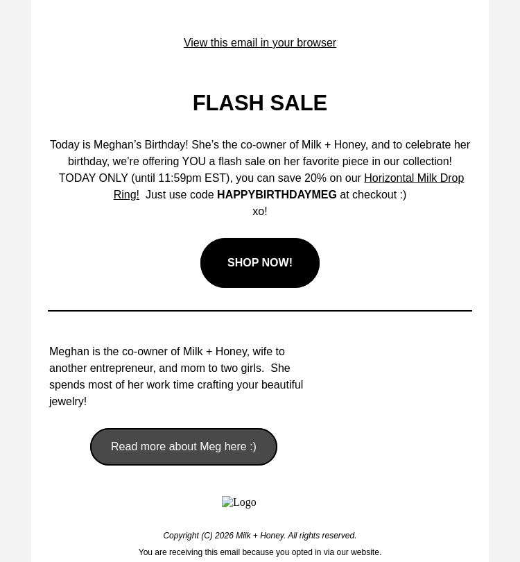 Письмо компании «Milk + Honey Jewelry» на тему «FLASH SALE 👀»