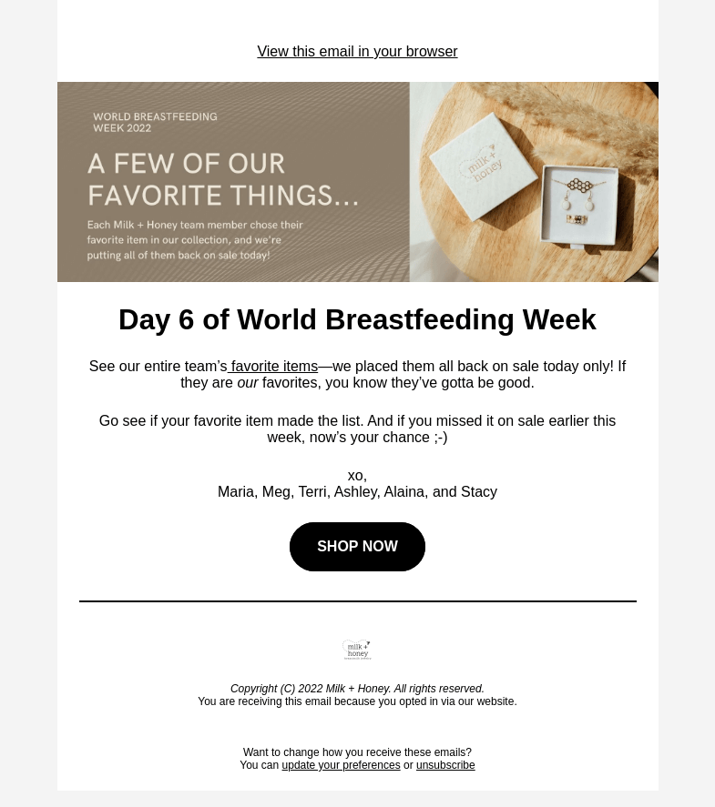 Письмо компании «Milk + Honey Jewelry» на тему «A few of our favorite things are back on sale today...»