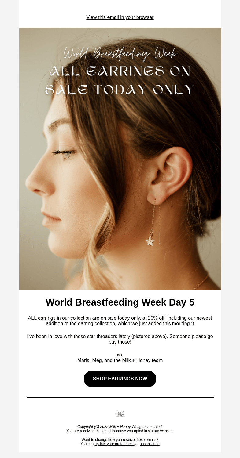 Письмо компании «Milk + Honey Jewelry» на тему «It's earring day!»