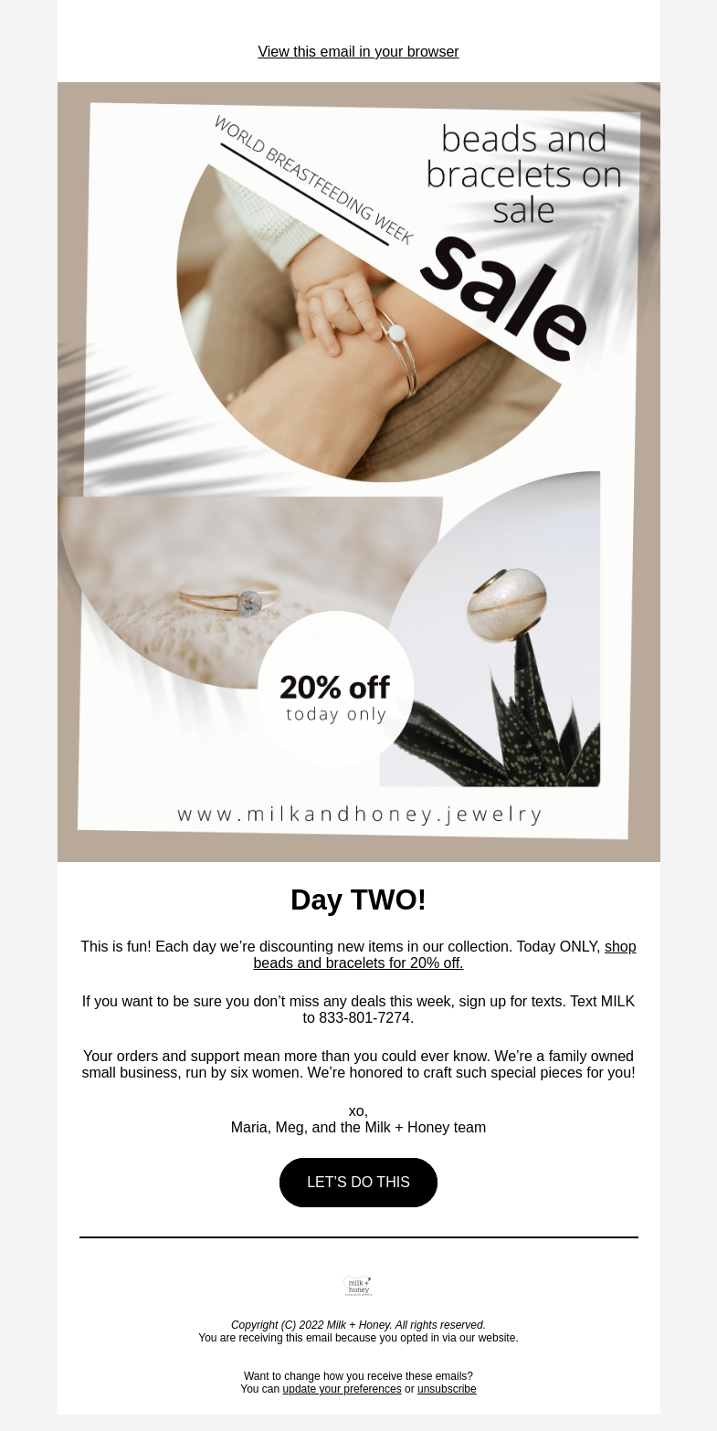 Письмо компании «Milk + Honey Jewelry» на тему «DAY TWO: see what's on sale today...»