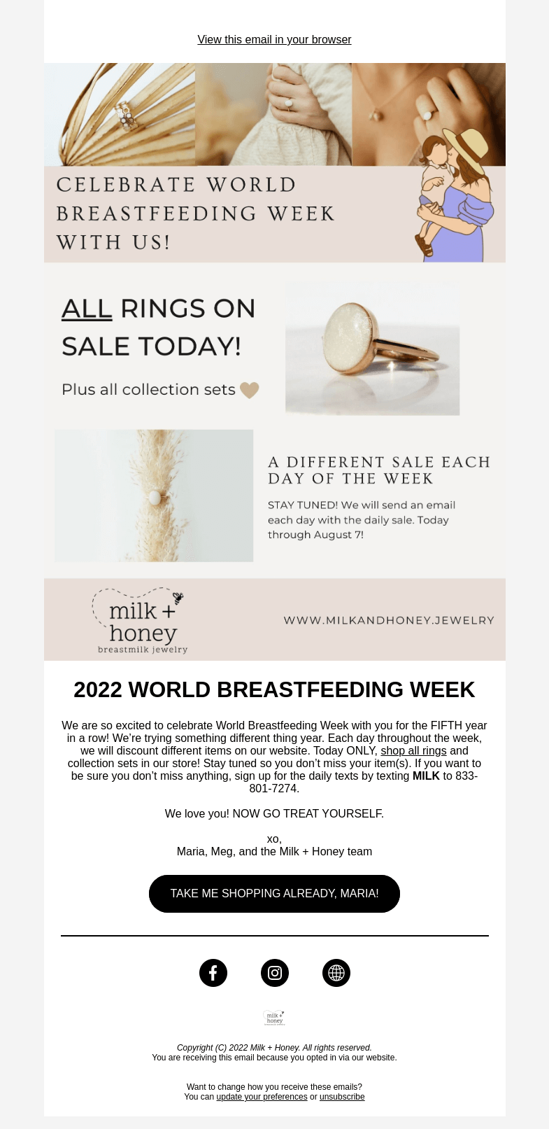 Письмо компании «Milk + Honey Jewelry» на тему «ALL RINGS on sale TODAY ONLY!»