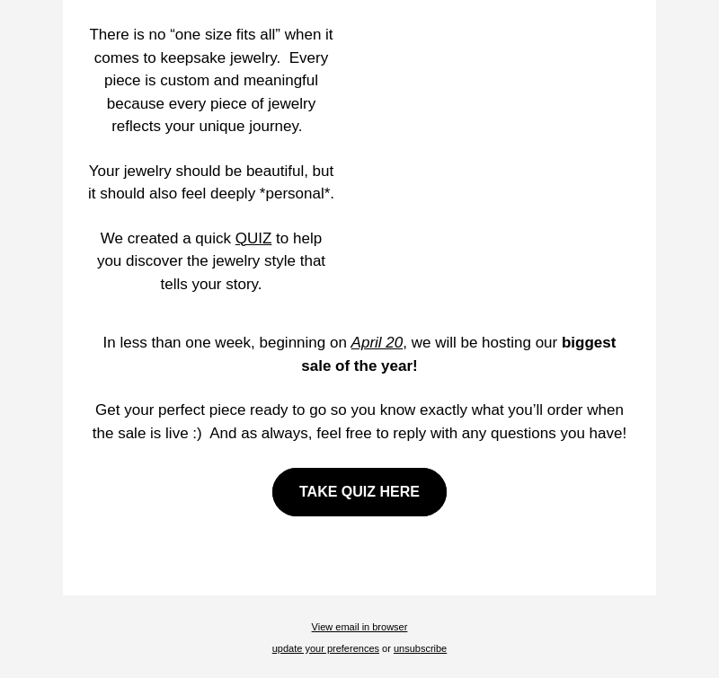 Письмо компании «Milk + Honey Jewelry» на тему «Don't buy before taking this quiz!»
