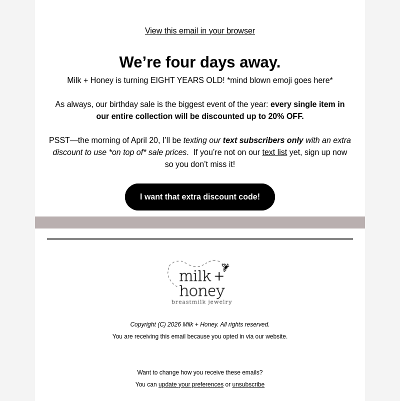 Письмо компании «Milk + Honey Jewelry» на тему «OPEN THIS for the best price on our upcoming sale 🤩»