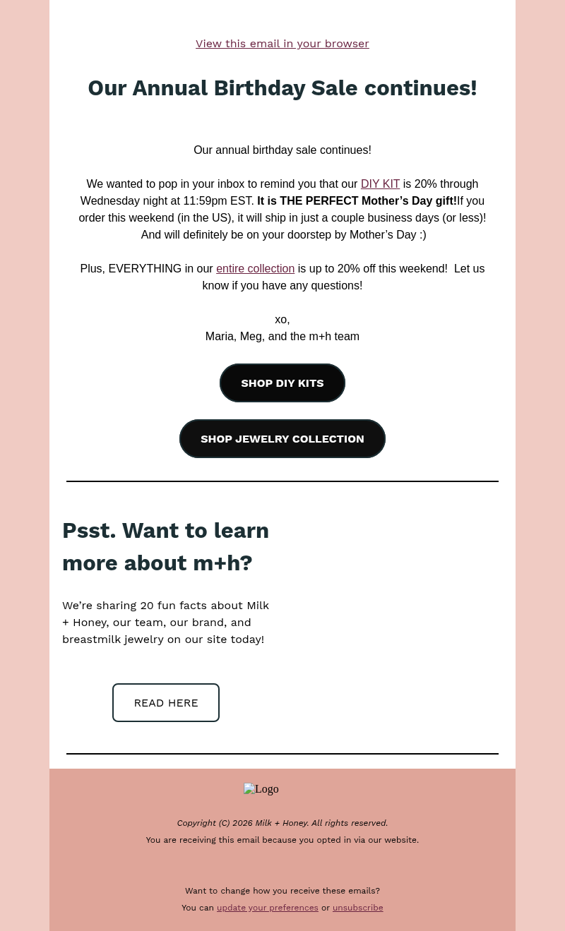 Письмо компании «Milk + Honey Jewelry» на тему «DIY KITS: 20% OFF 🤩»