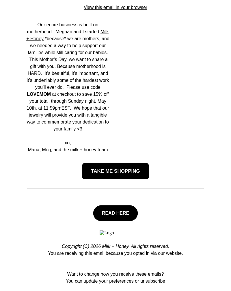 Письмо компании «Milk + Honey Jewelry» на тему «15% OFF for Mother's Day💮»