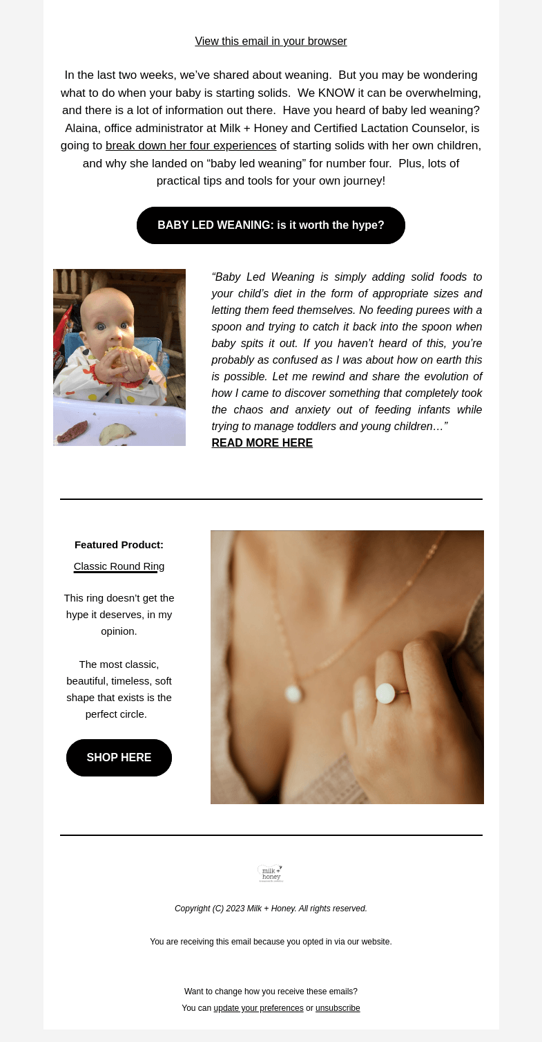 Письмо компании «Milk + Honey Jewelry» на тему «It's time to start solids - NOW WHAT?»