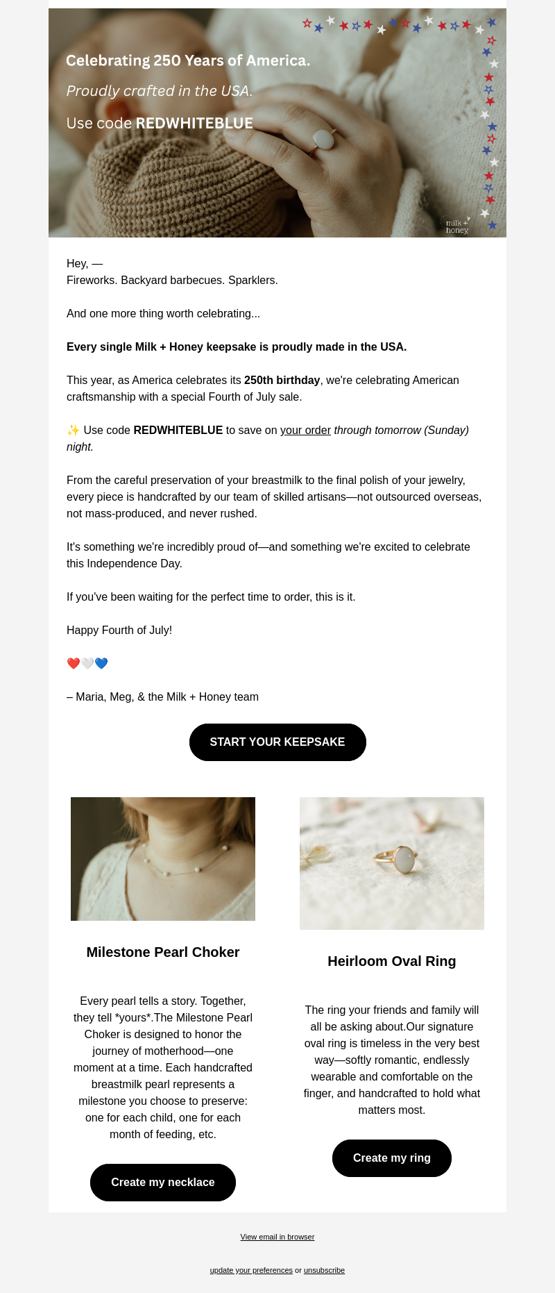 Письмо компании «Milk + Honey Jewelry» на тему «One thing we're especially proud of... ❤️🤍💙»