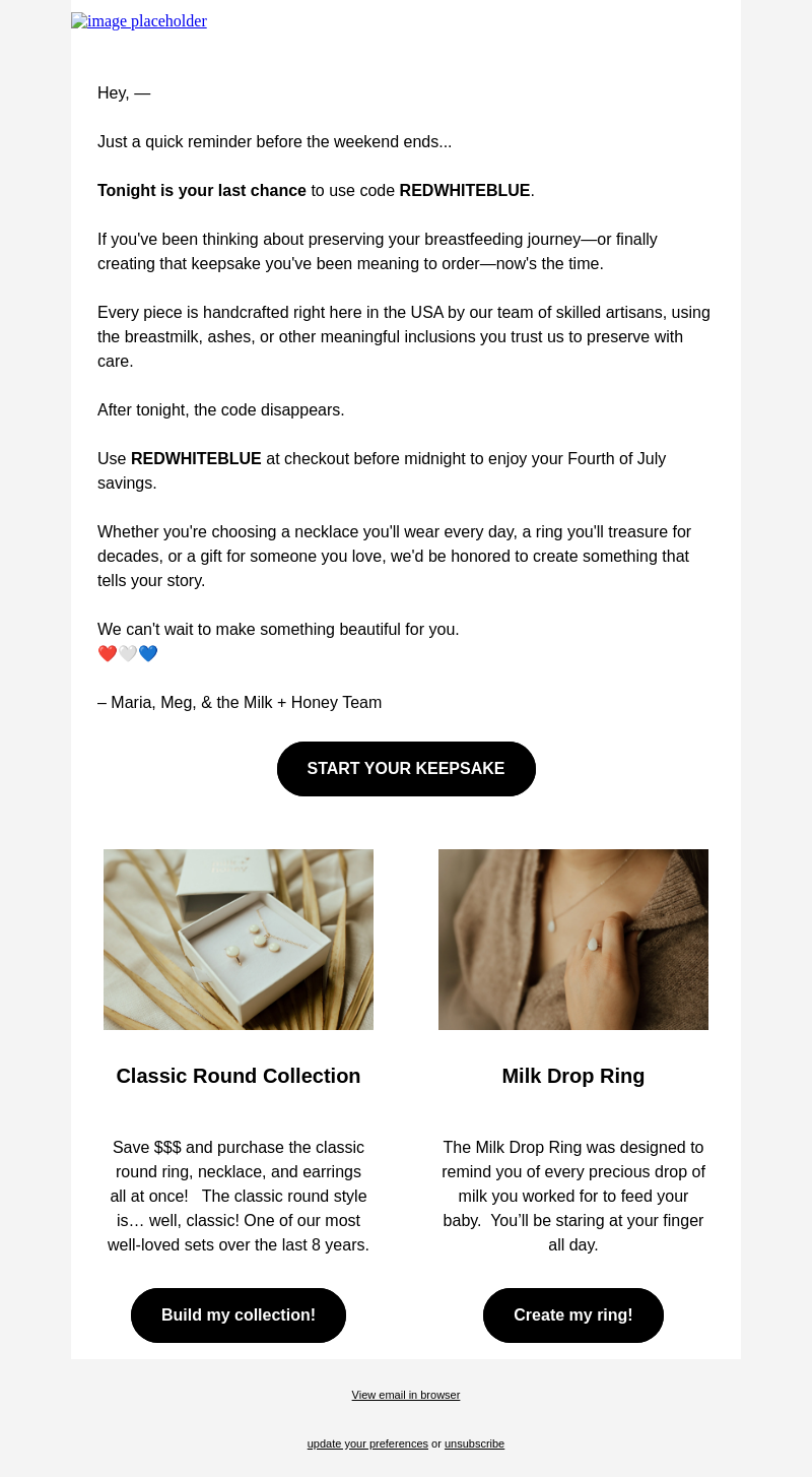 Письмо компании «Milk + Honey Jewelry» на тему «Last Chance: code REDWHITEBLUE Ends Tonight»