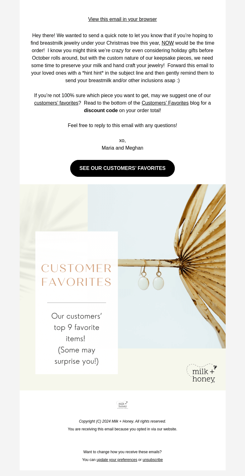 Письмо компании «Milk + Honey Jewelry» на тему «A note from the owners of m+h»