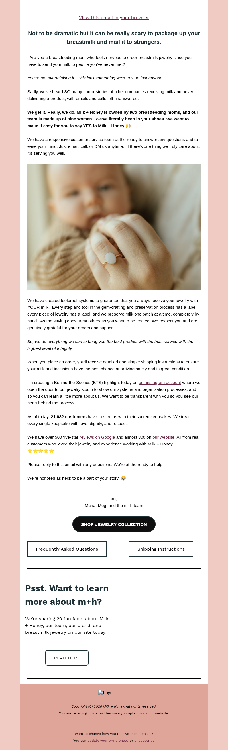 Письмо компании «Milk + Honey Jewelry» на тему «I wouldn't trust strangers with my breastmilk either. 🥴»