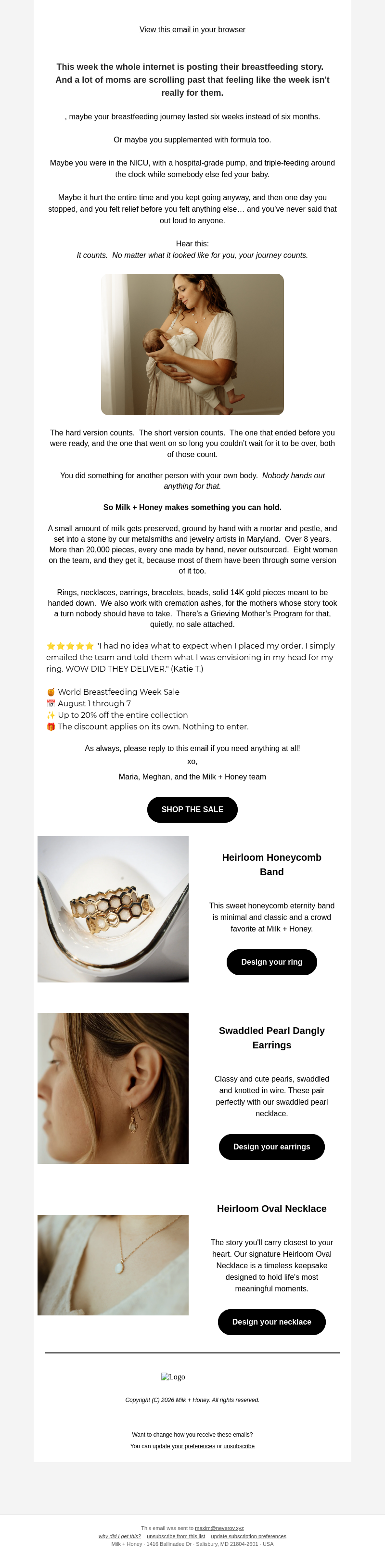 Письмо компании «Milk + Honey Jewelry» на тему «If World Breastfeeding Week feels complicated...»
