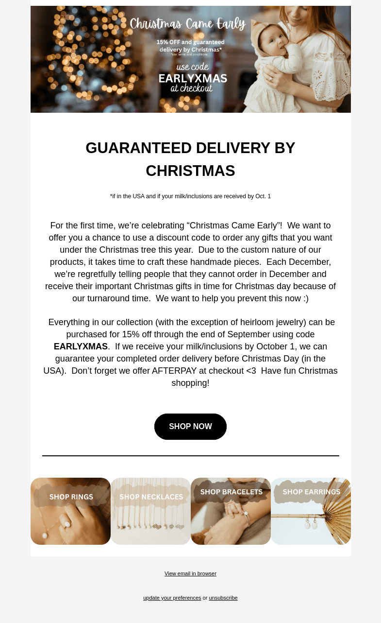 Письмо компании «Milk + Honey Jewelry» на тему «15% OFF - 🎄guaranteed delivery by XMAS»