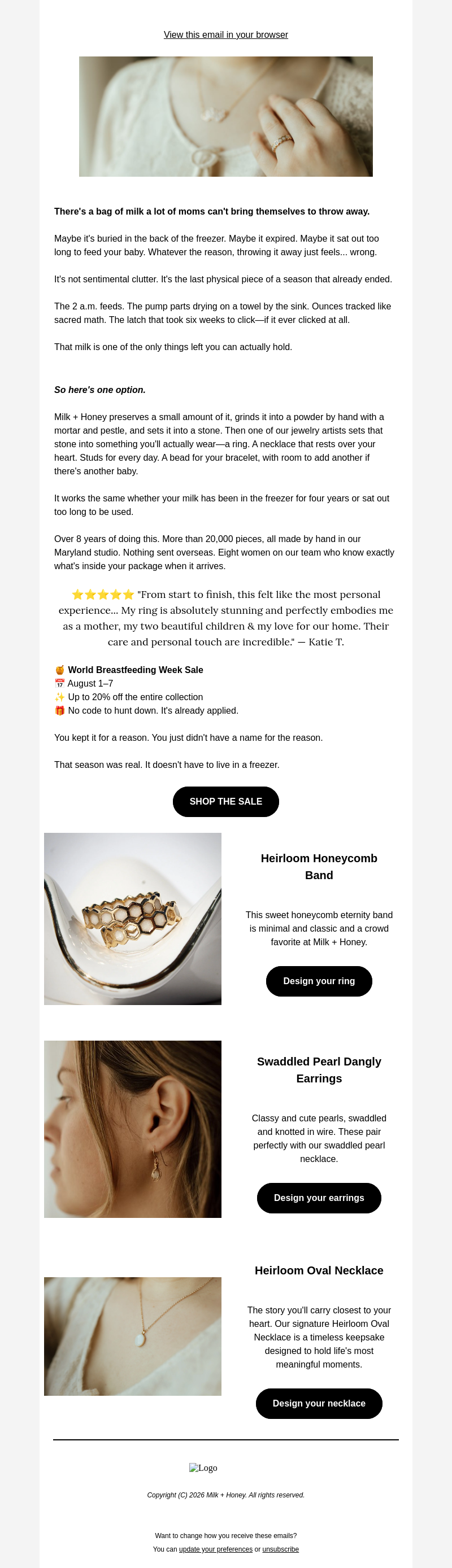 Письмо компании «Milk + Honey Jewelry» на тему «the bag of breastmilk you can't throw away...»