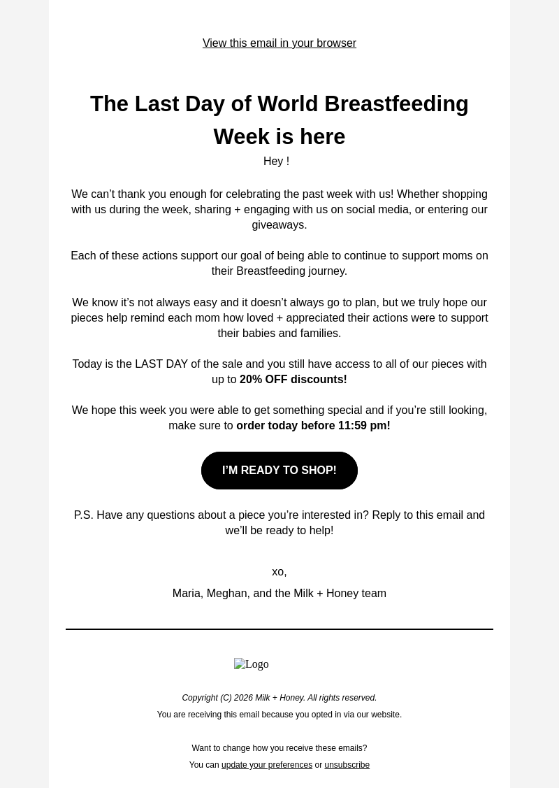 Письмо компании «Milk + Honey Jewelry» на тему «LAST CHANCE TO SAVE! 🎉»