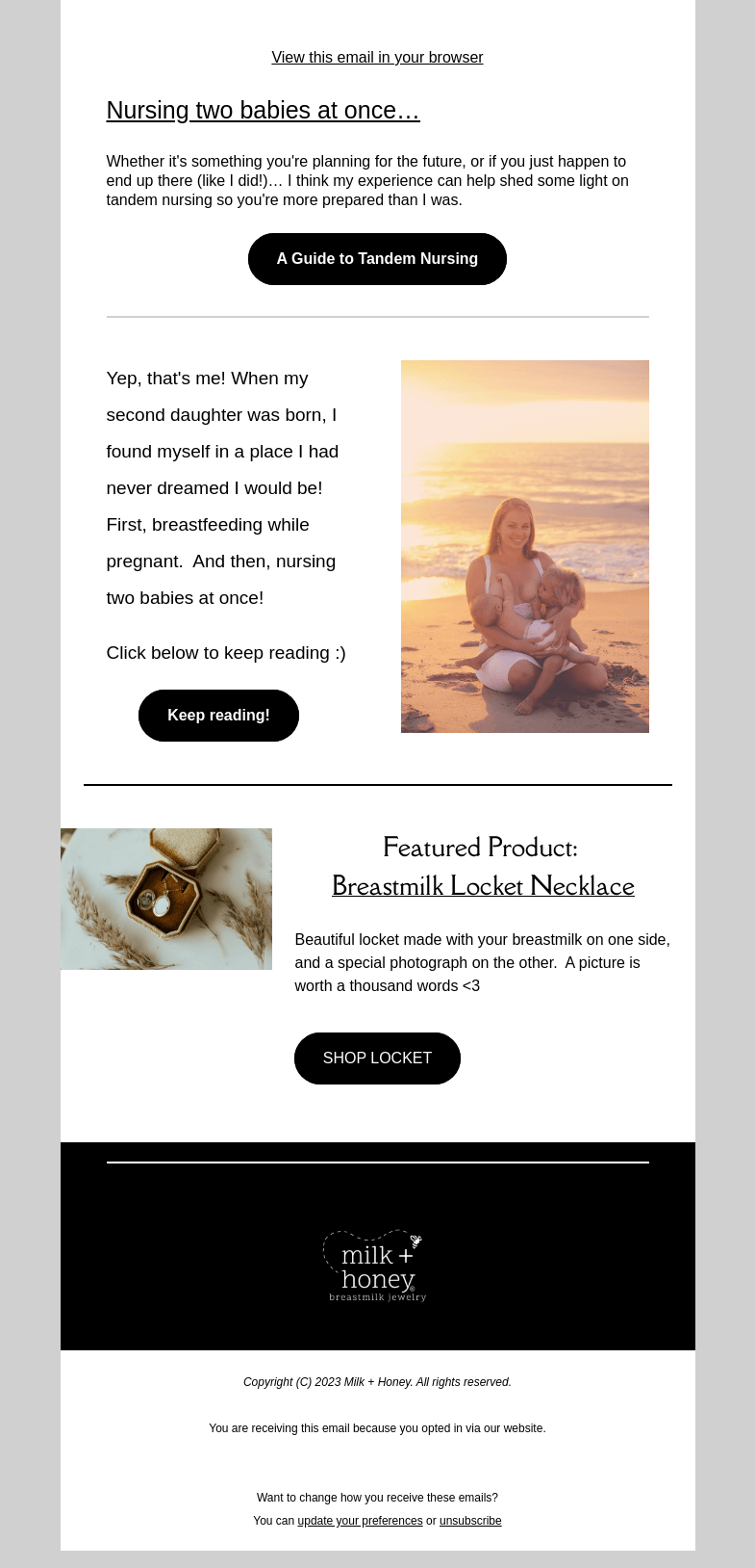Письмо компании «Milk + Honey Jewelry» на тему «Double the love, double the milk!»