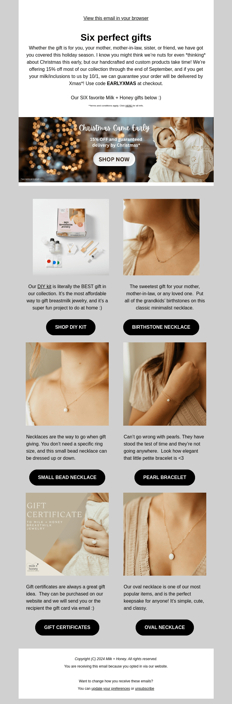 Письмо компании «Milk + Honey Jewelry» на тему «6 gifts you'll wish you had received 🤩»