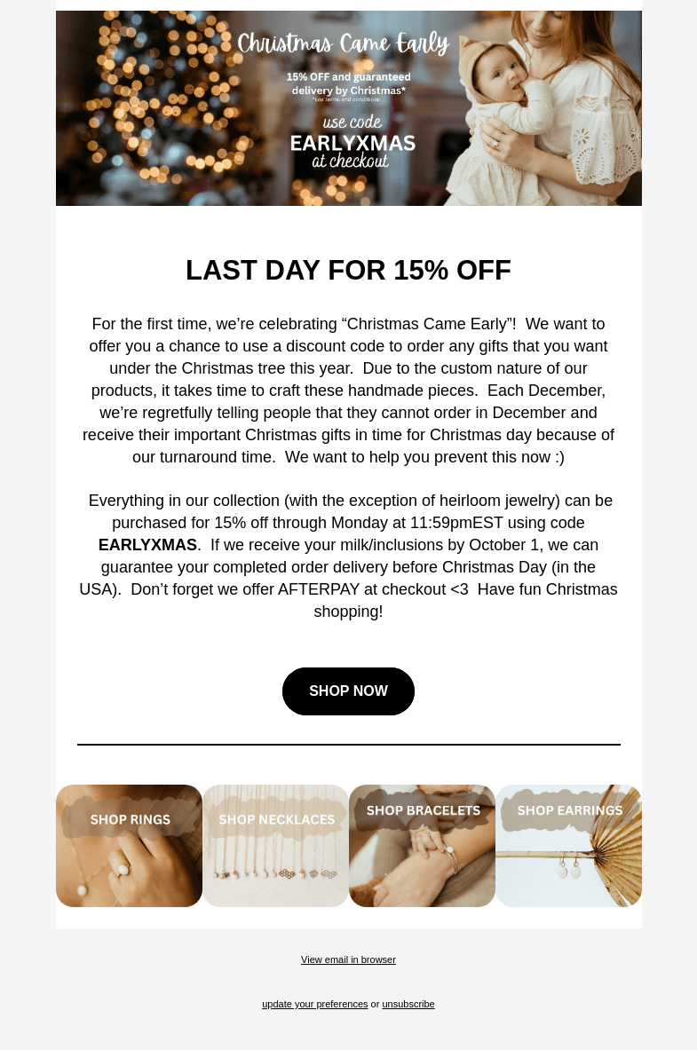 Письмо компании «Milk + Honey Jewelry» на тему «LAST DAY: 15% OFF 🤩»