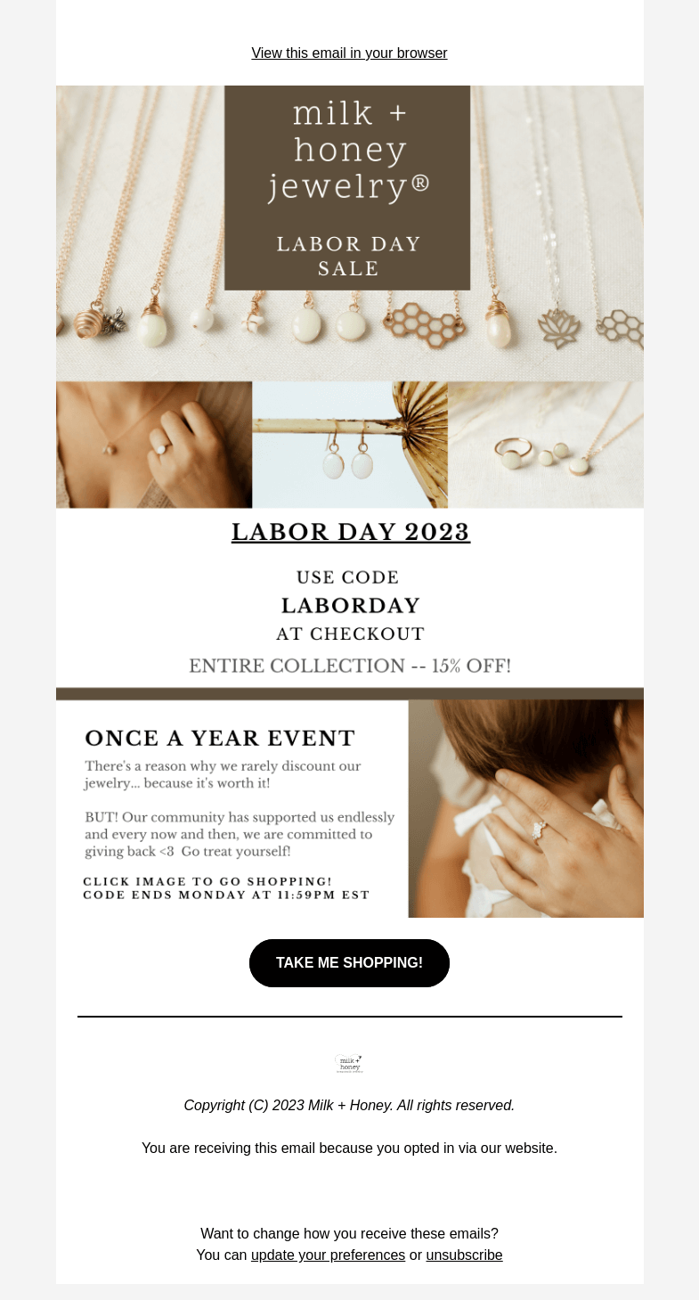 Письмо компании «Milk + Honey Jewelry» на тему «A few hours left :)»