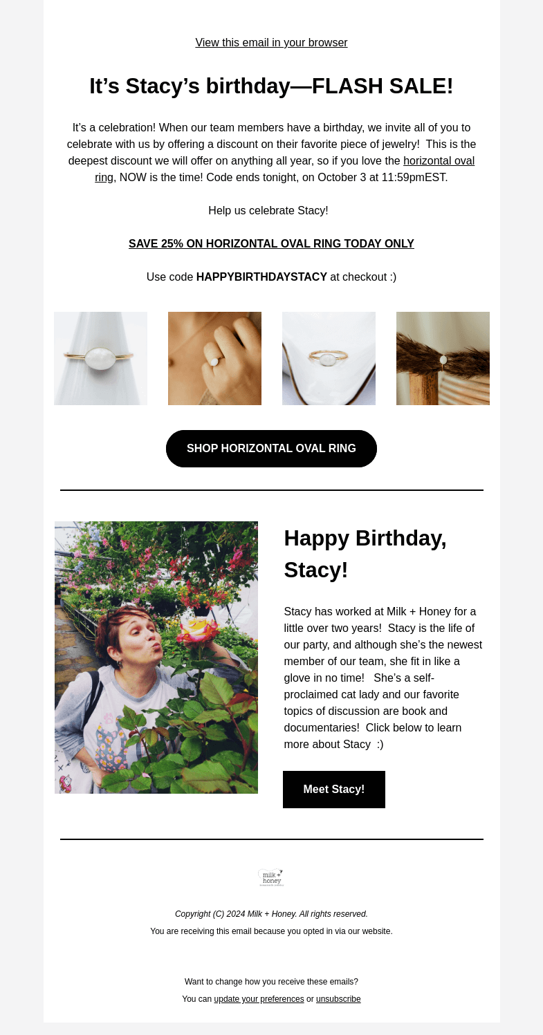 Письмо компании «Milk + Honey Jewelry» на тему «FLASH SALE 👀»