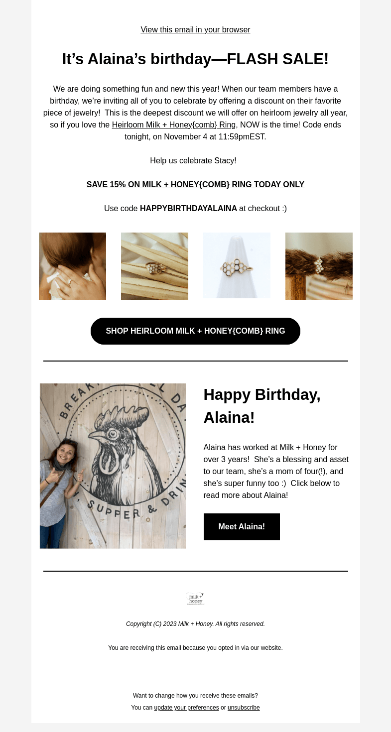 Письмо компании «Milk + Honey Jewelry» на тему «FLASH SALE 👀»